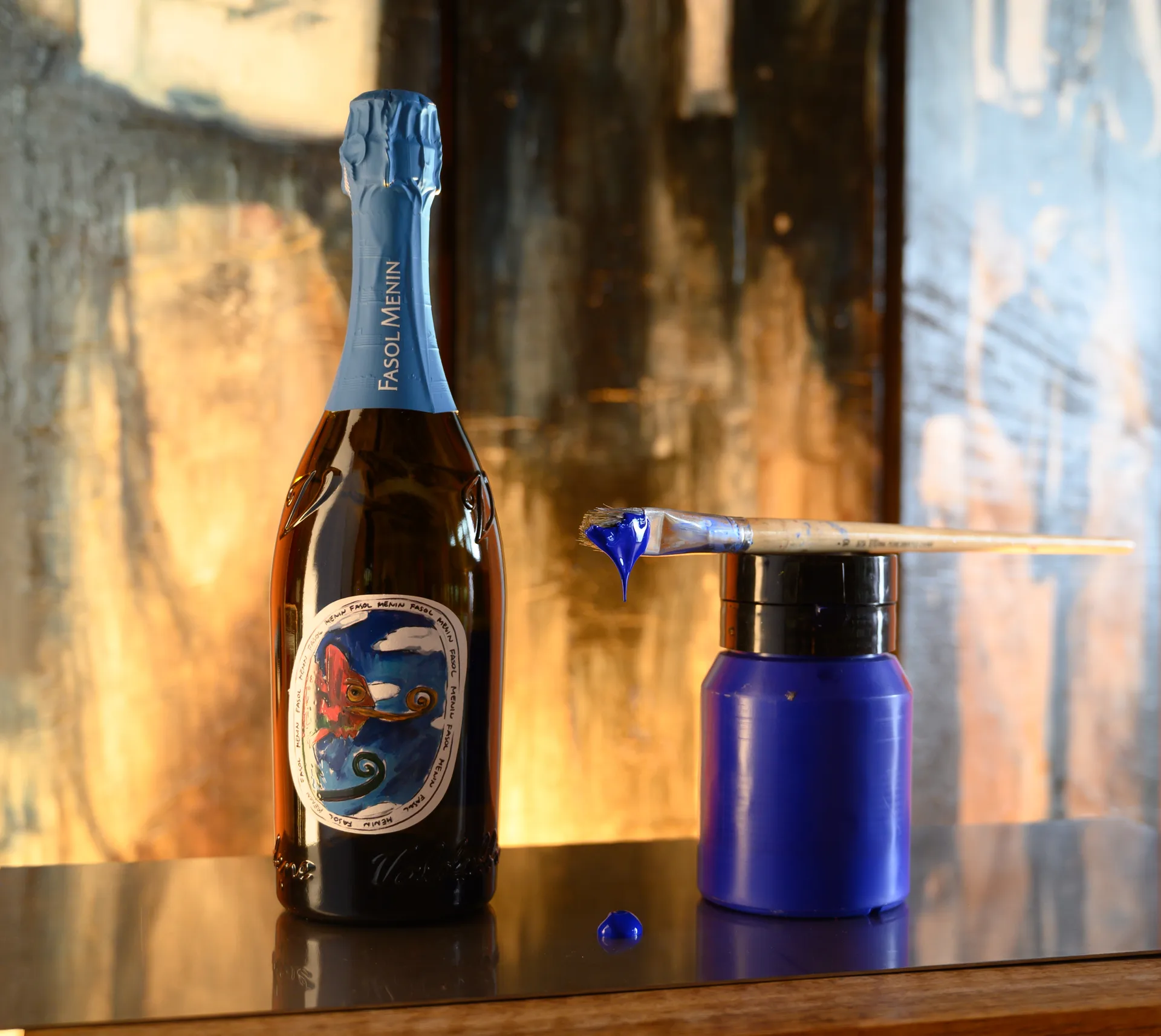 Fasol Menin bottle with paintbrush and colours